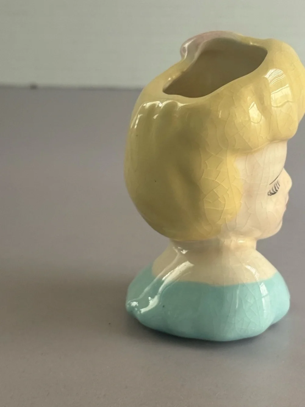 Vintage Ceramic Lady Head Vase in Pastel Blue and Blonde